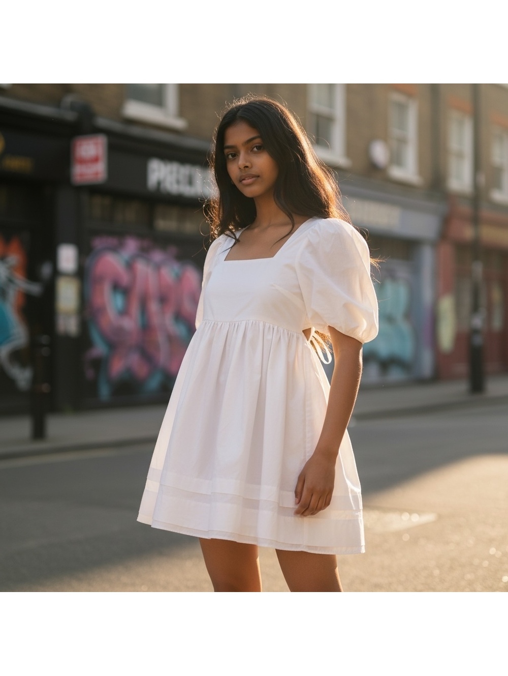 ASOS DESIGN White Poplin Puff Sleeve Backless Babydoll Mini Dress Size 2